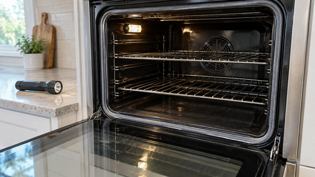 Close-up of the open cavity of a built-in wall oven with the racks and door seal with the door open, framed tightly on the detail, with a flashlight lying on the counter.