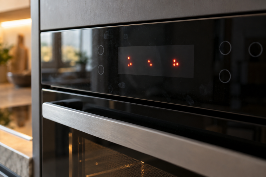 Close view at an angle of a built-in oven control panel with a short fault code lit on its narrow display.