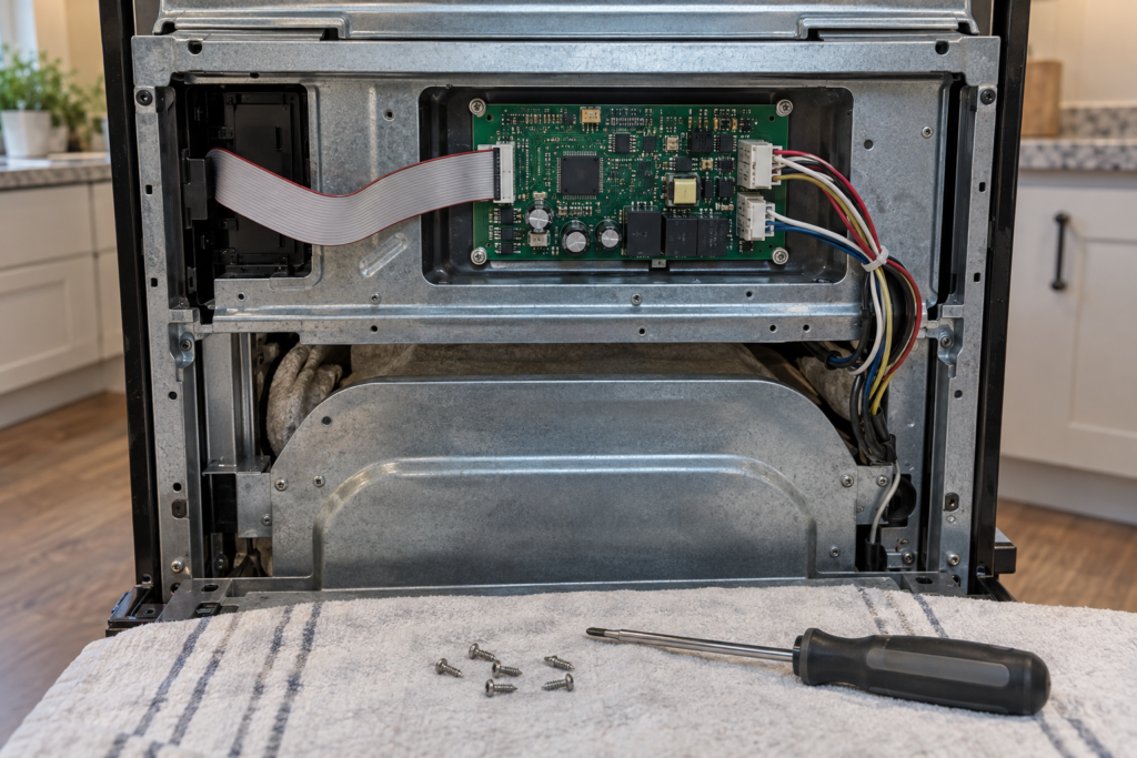 The electronic control board of a wall oven exposed on its standoffs with a ribbon cable to the keypad and two power connectors.