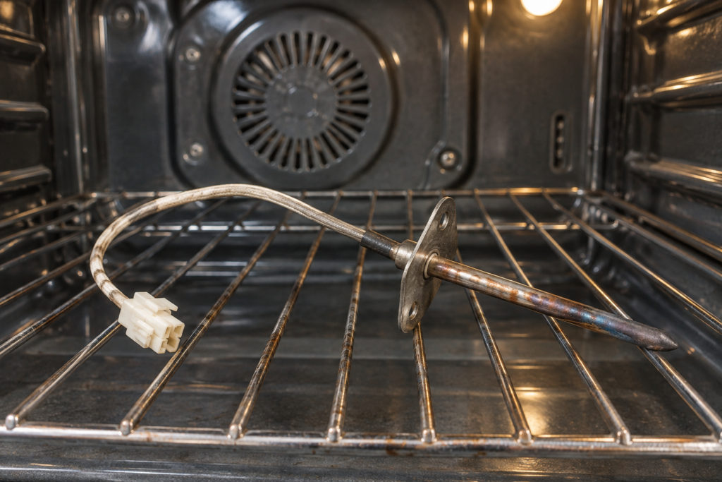 Close-up of an oven temperature sensor probe removed and resting on the oven rack.