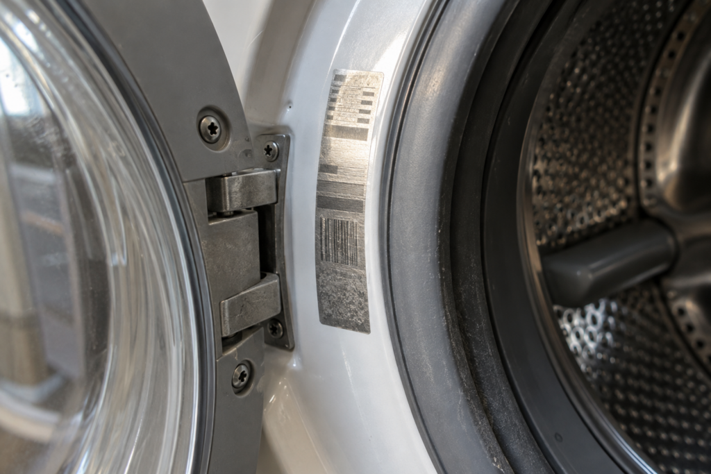 A silvery model and serial sticker on the door opening rim of a front-load washer, lit from the side by a flashlight.