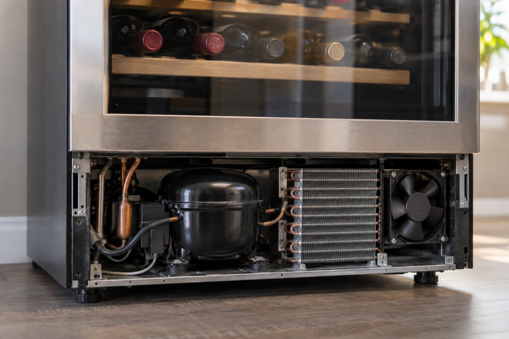 Close-up of a wine refrigeration unit's compressor and condenser behind its removed vent panel.