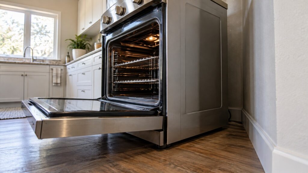 A freestanding stainless steel range stands with its oven door open in a kitchen, seen from a low angle showing the narrow gap between the rear of the range and the wall at floor level.