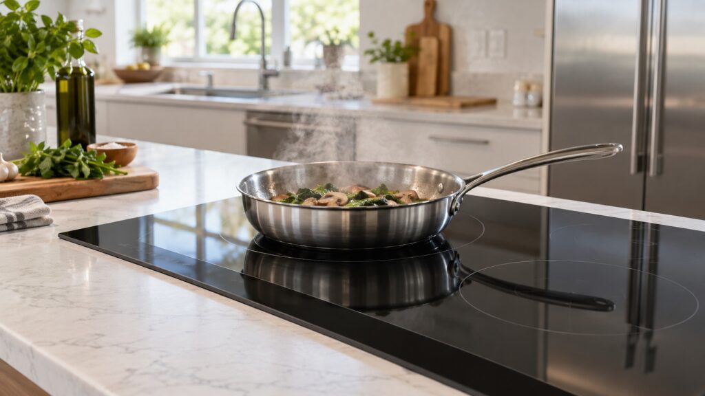 A black glass induction cooktop set into a white stone countertop holds a heavy stainless pan with steam rising, the touch control strip visible along the front edge.