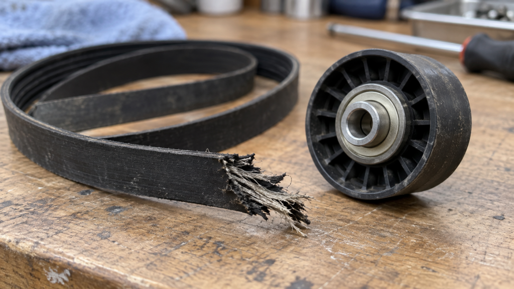 A broken dryer drum belt coiled on a workbench next to the idler pulley, its torn end frayed.