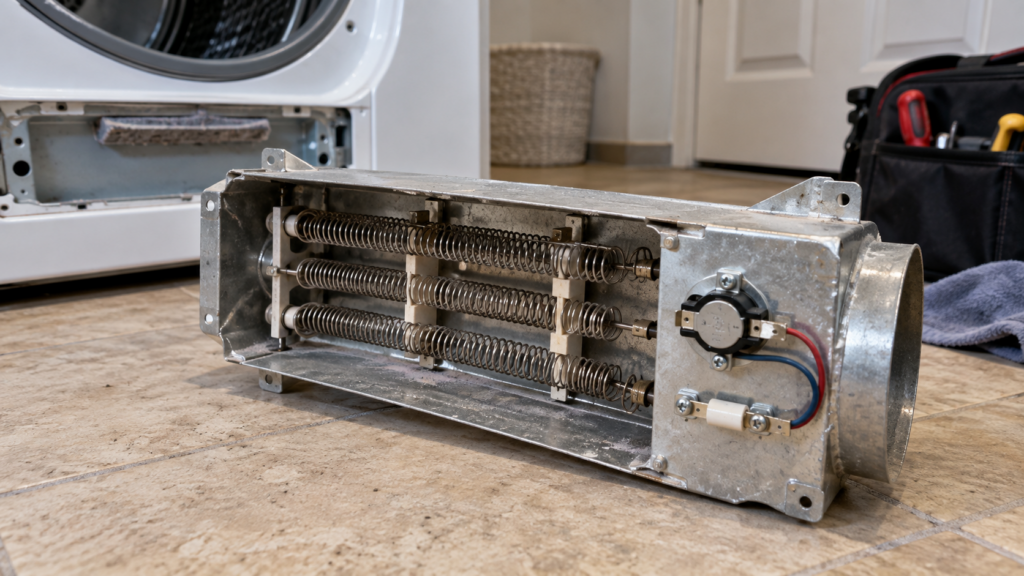 The heating element housing of a front-load dryer lying on the floor with its coil, thermal fuse and high-limit thermostat.