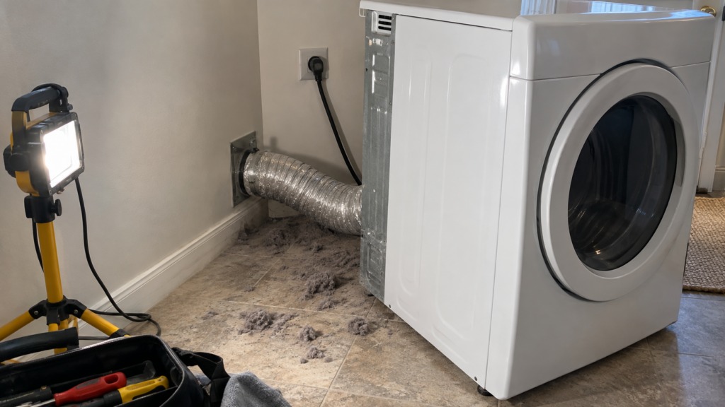 A dryer pulled away from the wall exposing its flexible exhaust duct and scattered lint.