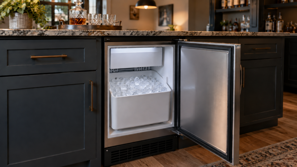 A standalone under-counter ice maker with its door open and a bin of ice cubes visible.