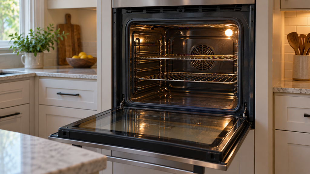 A built-in wall oven with its door open showing the empty interior cavity.