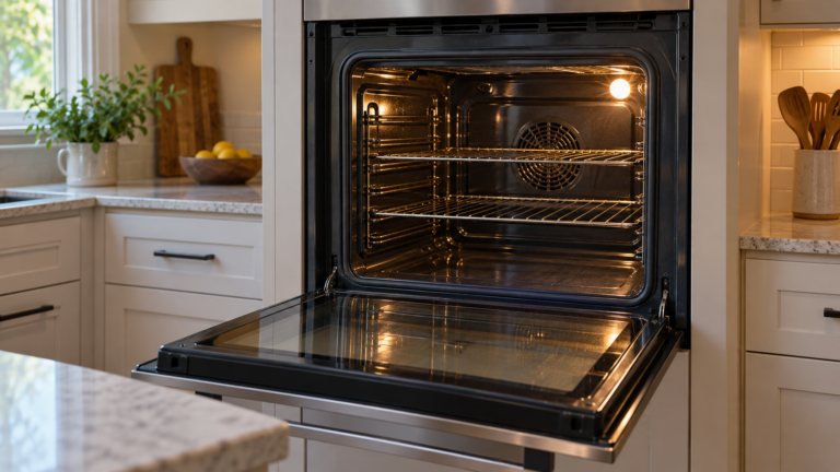 A built-in wall oven with its door open showing the empty interior cavity.