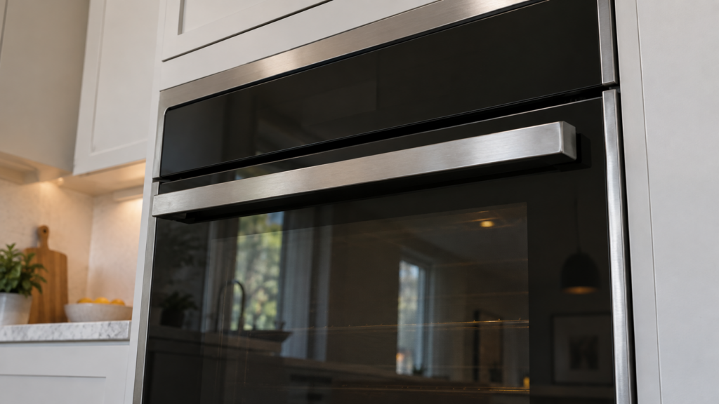 The touch control panel of a built-in wall oven, dark and unresponsive, with kitchen reflections across the glass.