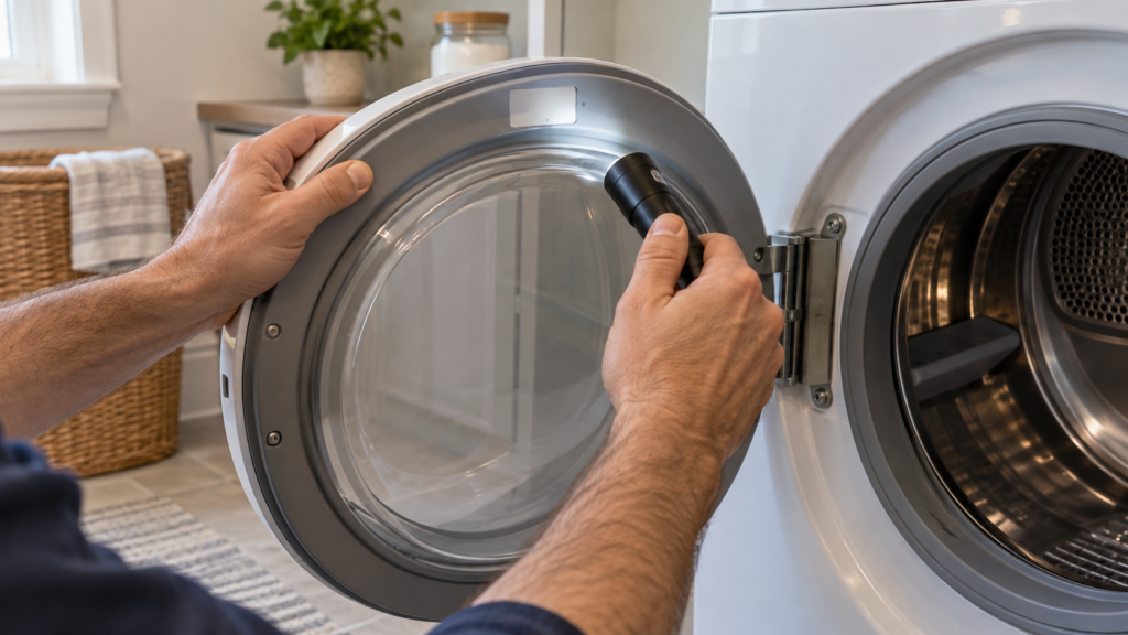 Bare hands holding a dryer door open and shining a flashlight onto the rim of the opening.