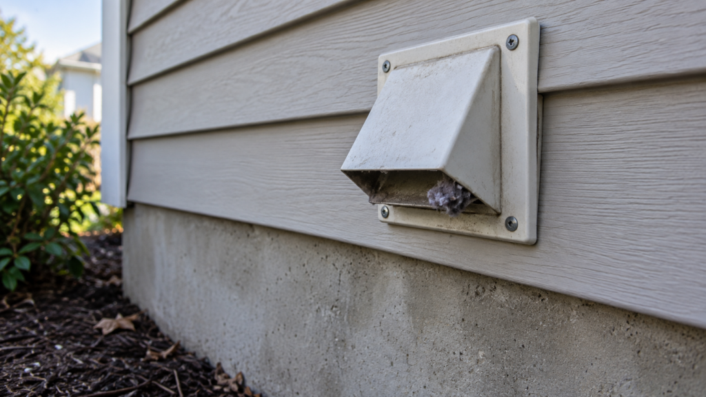The exterior vent hood of a house wall with a small amount of lint caught at the edge.