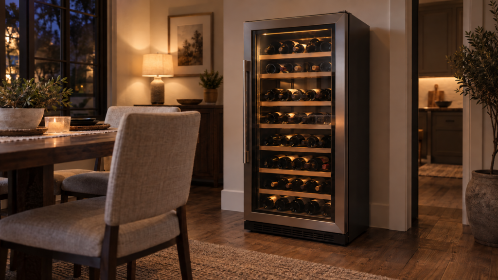 A freestanding wine refrigeration unit with rows of bottles visible through its glass door.