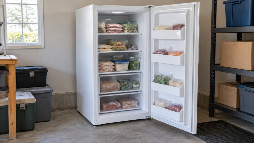 A white upright freezer stands against a bare wall in a garage beside shelving and storage boxes, its door open to show frozen packages on the shelves.