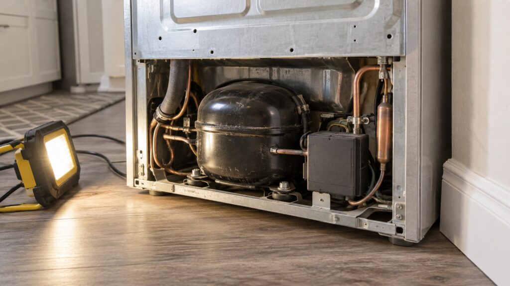 The rear of a refrigerator pulled away from a kitchen wall, its lower compressor compartment cover removed to show a black compressor and a small electronics module mounted beside it.