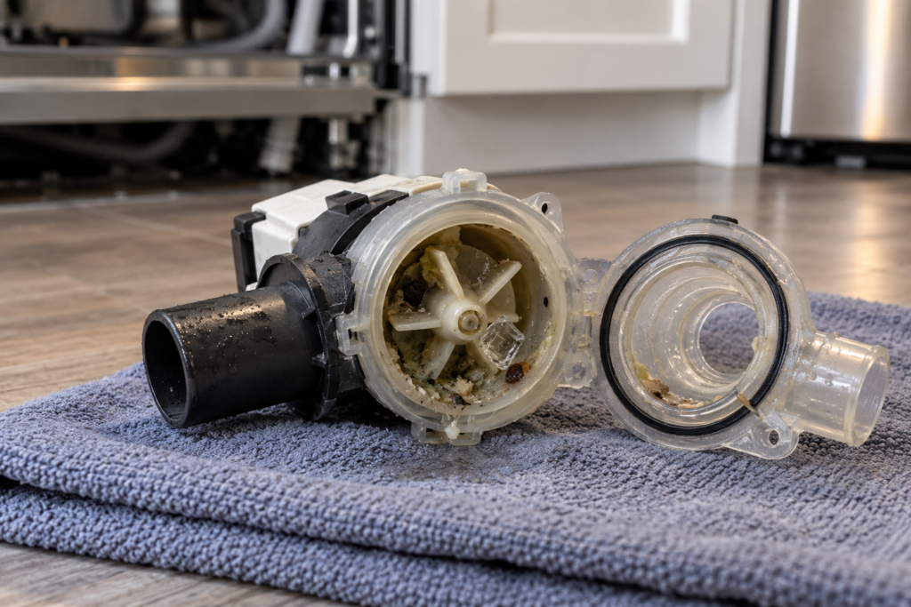 A removed dishwasher drain pump with its impeller housing open and a glass chip jammed against the blades.