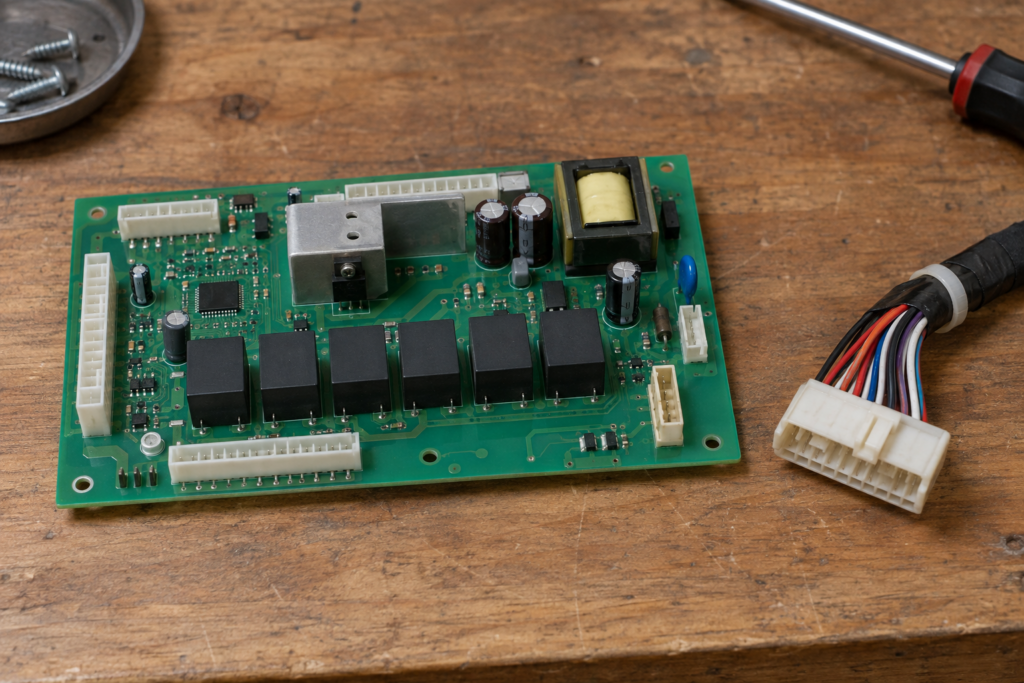 A dryer main control board lying on a wooden workbench with a row of small black relays and a wire harness connector beside it, soft overhead light.