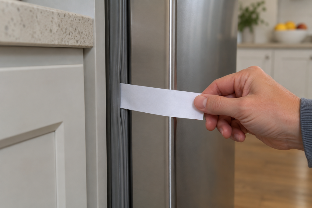 A strip of plain paper caught in the closed door of a refrigerator with a hand gently pulling it, the rubber gasket fold visible above and below it.
