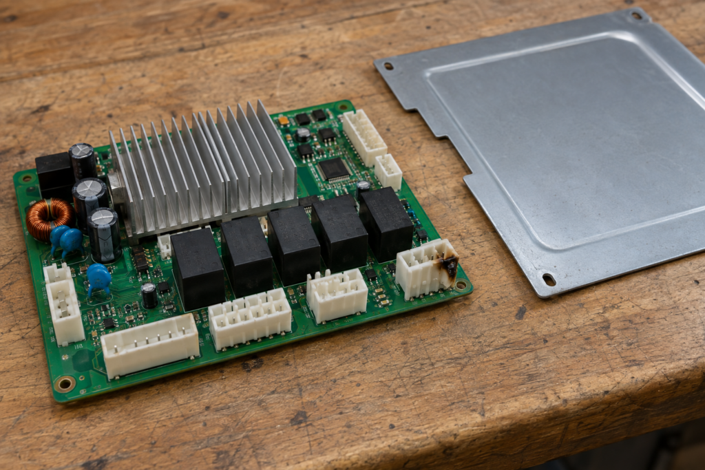 A refrigerator main control board on a workbench with a darkened melted corner on one connector.