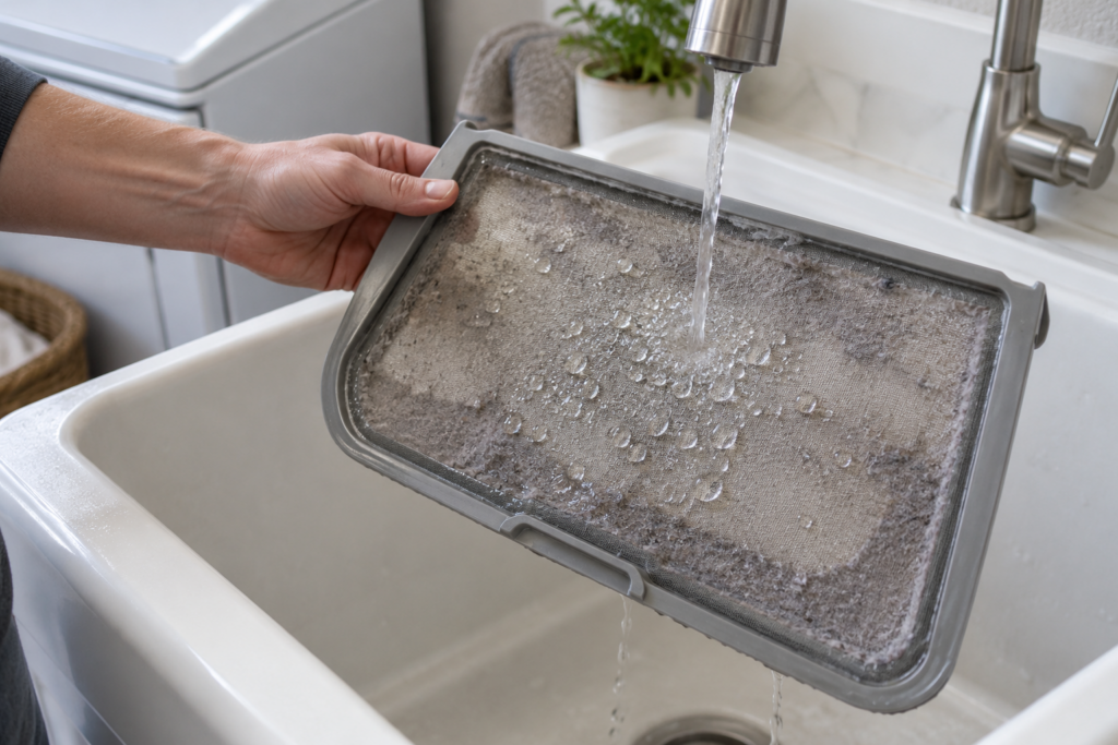 A dryer lint filter held under a thin stream of water in a laundry sink, the water beading on the mesh instead of running through, a dull film visible on the screen.