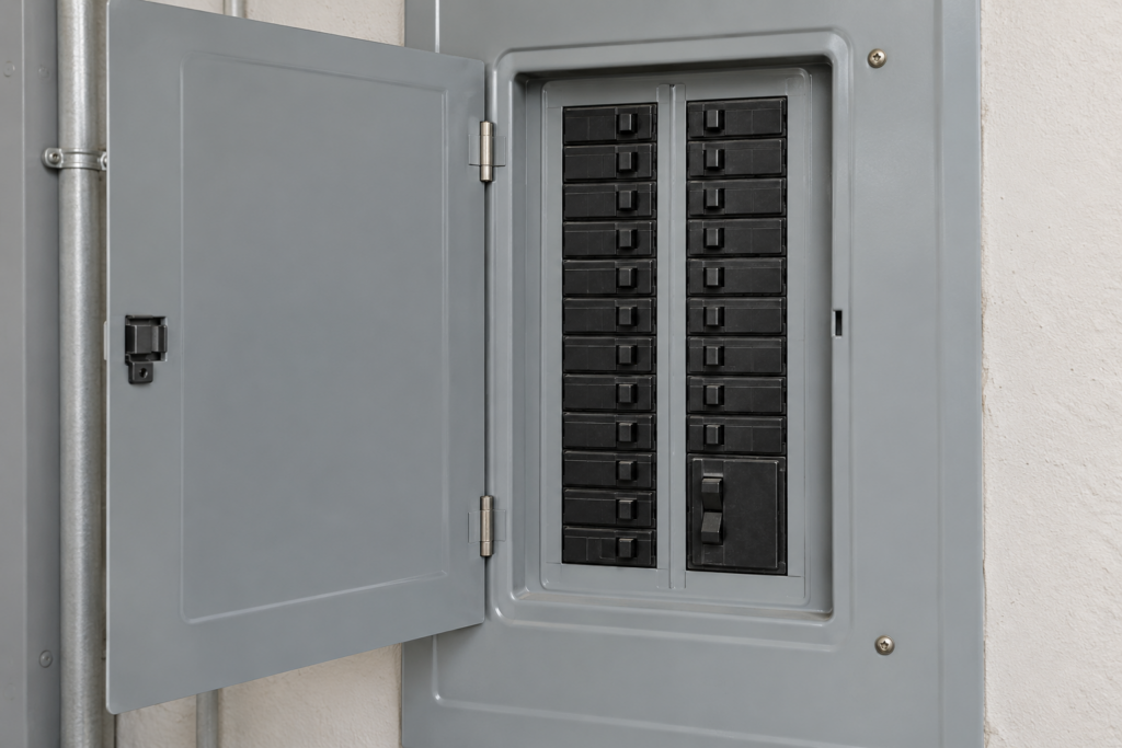 A household breaker panel with its door open, rows of blank breakers and one tall double-pole breaker sitting in the off position, flat light, no hands in the frame.