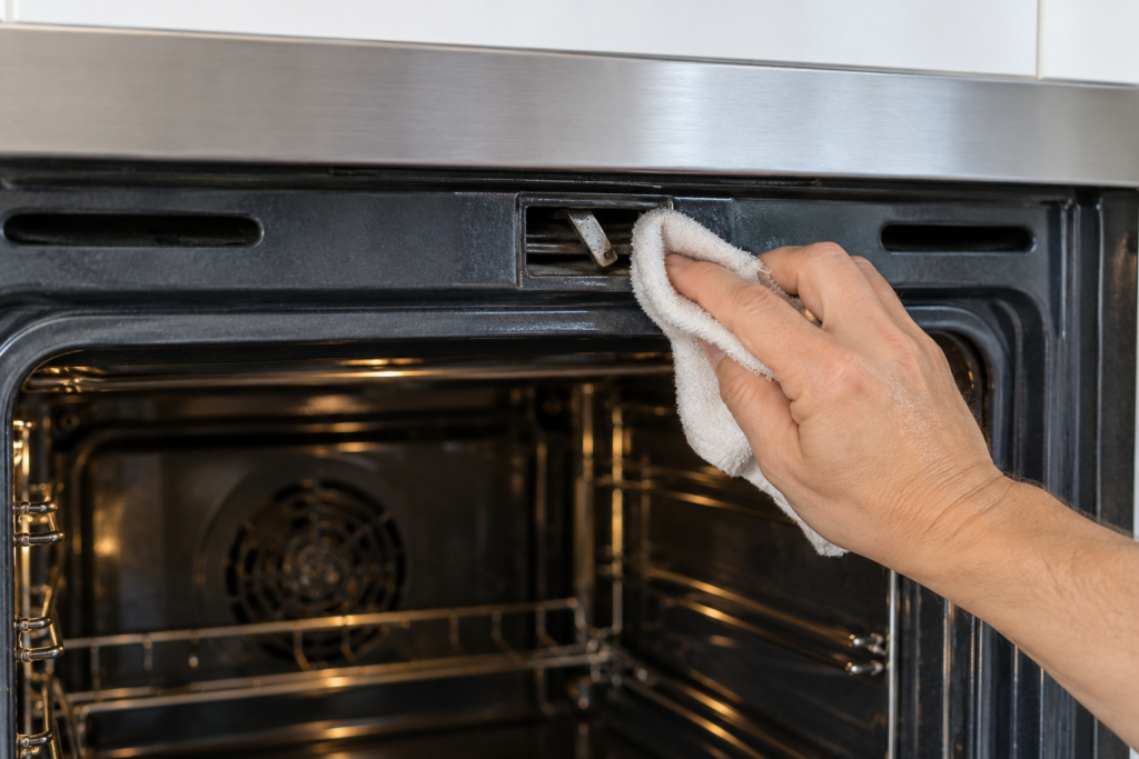 The top center of a wall oven's open door frame showing the small latch slot and the metal latch arm, a hand wiping the slot with a damp cloth, bright even light.