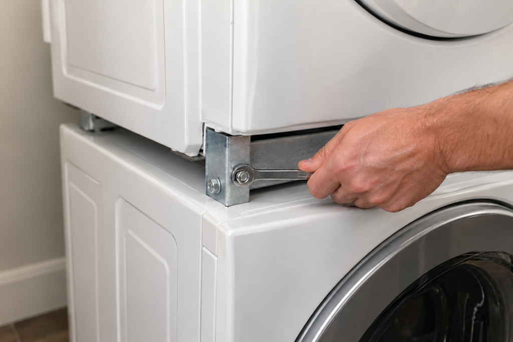 A close view of a metal stacking bracket bolted between the top of a front-load washer and the base of a dryer above it, a hand tightening a bolt with a small wrench.
