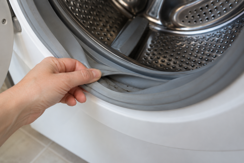 A hand gently pulling back the gray rubber door seal of a front-load washer to show the deepest fold at the bottom with a few tiny dark spots, bright light.