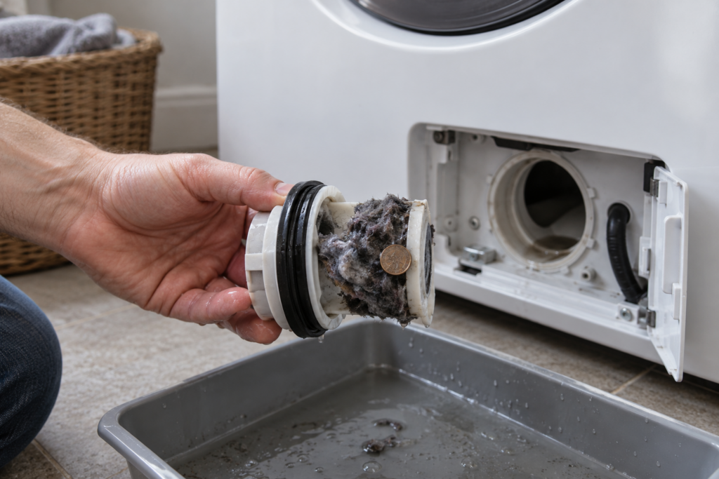 The round drain filter cap of a front-load washer unscrewed and held in a hand over a shallow tray, wet lint and a coin stuck to it, the lower front access panel open behind it.