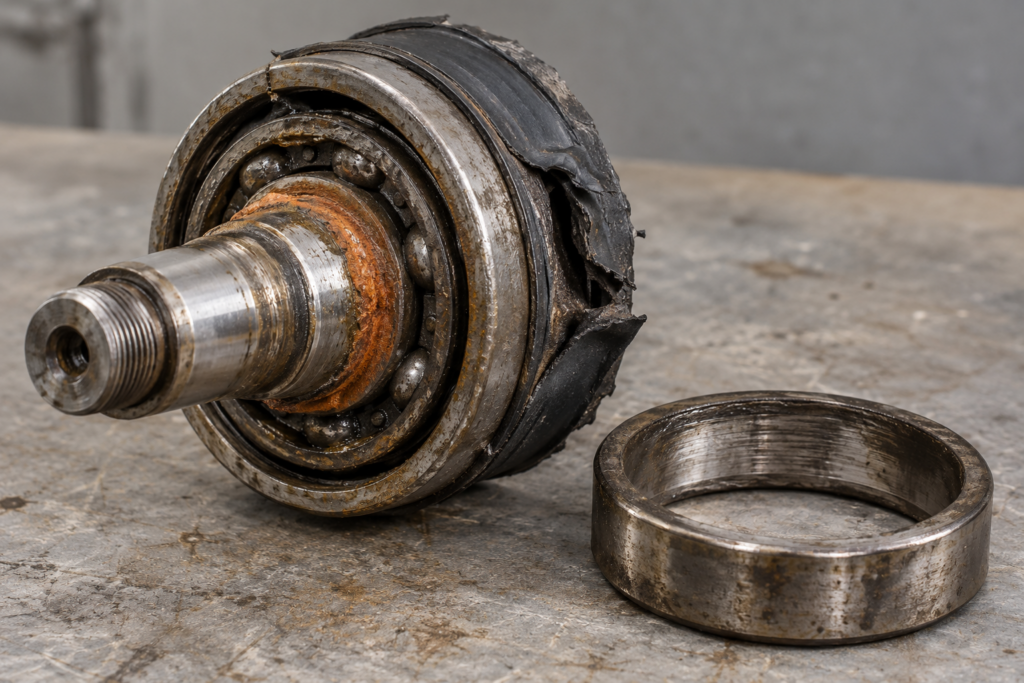 A removed washer drum bearing and shaft with a torn rubber seal and a ring of rust at the shaft shoulder.
