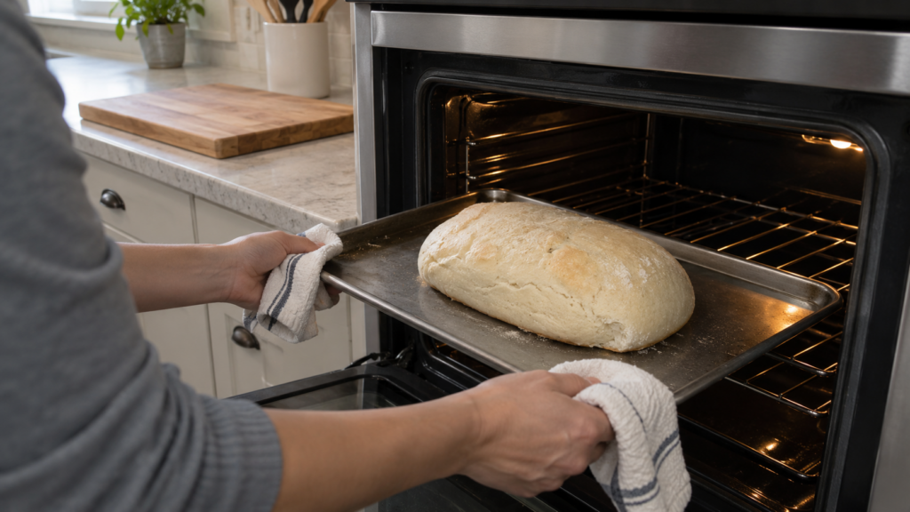 A pale, underbaked loaf of bread on a baking sheet pulled halfway out of an electric oven, the bottom crust still raw, a cutting board waiting on the counter, an American kitchen.