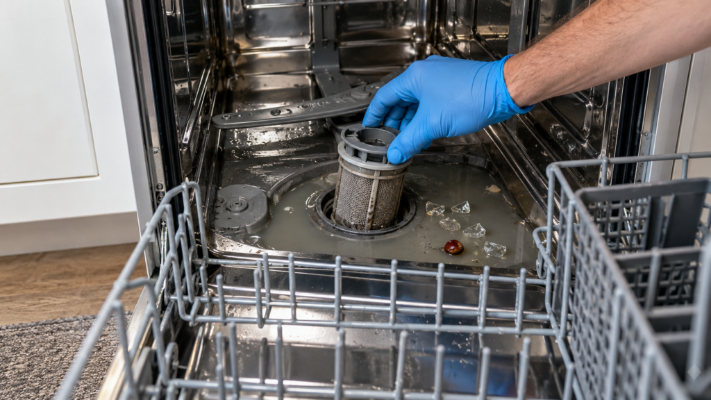 A dishwasher sump holding gray water with the cylindrical drain filter lifted halfway out by a gloved hand.
