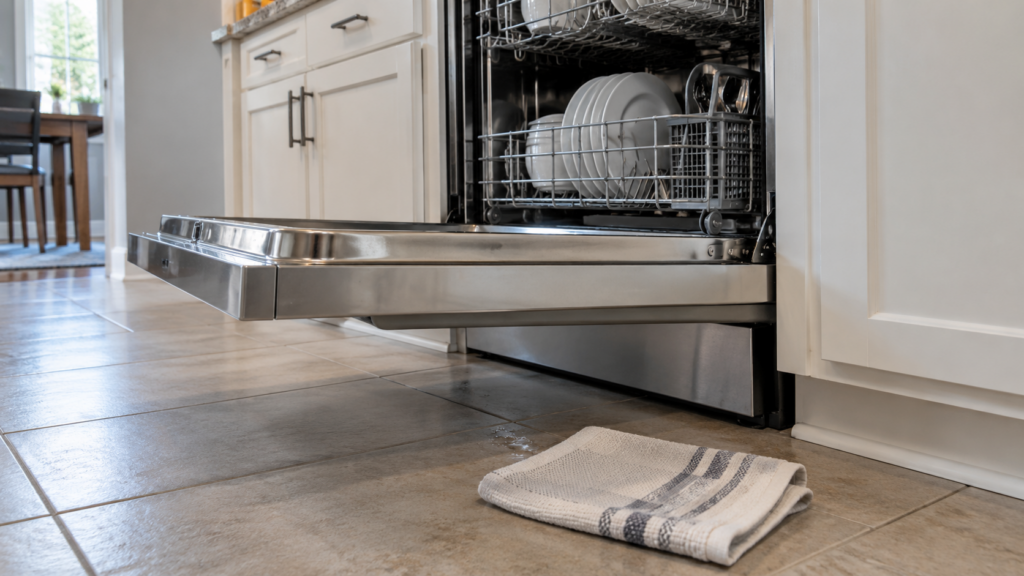 The open door of a built-in dishwasher with a dry folded kitchen towel laid on the tile floor in front of it and a few drops of water on the tile beneath the door seal, an American kitchen, soft daylight.