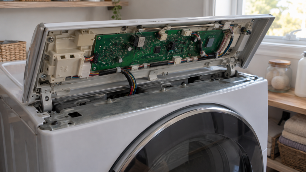 The top control console of a front-load dryer tilted open on its hinges, the back of the control panel and a green circuit board visible, a laundry room in an American home.