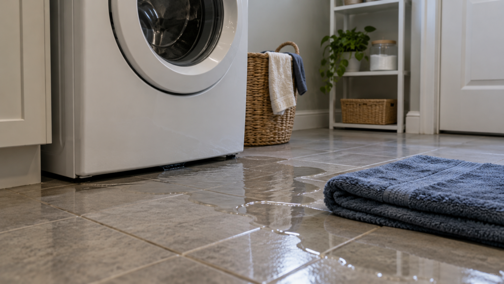 A thin sheet of water spreading across the tile floor of a laundry room from beneath a front-load washer toward a folded towel, the washer door closed, an American home.