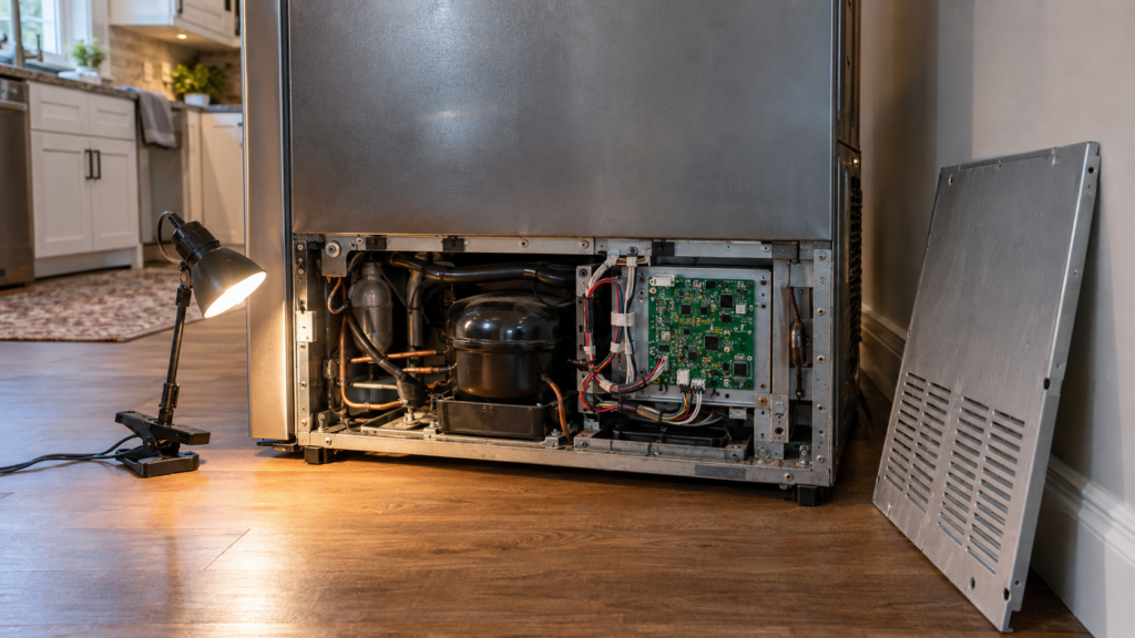 The rear lower panel of a French door refrigerator removed to show the main control board on its bracket.