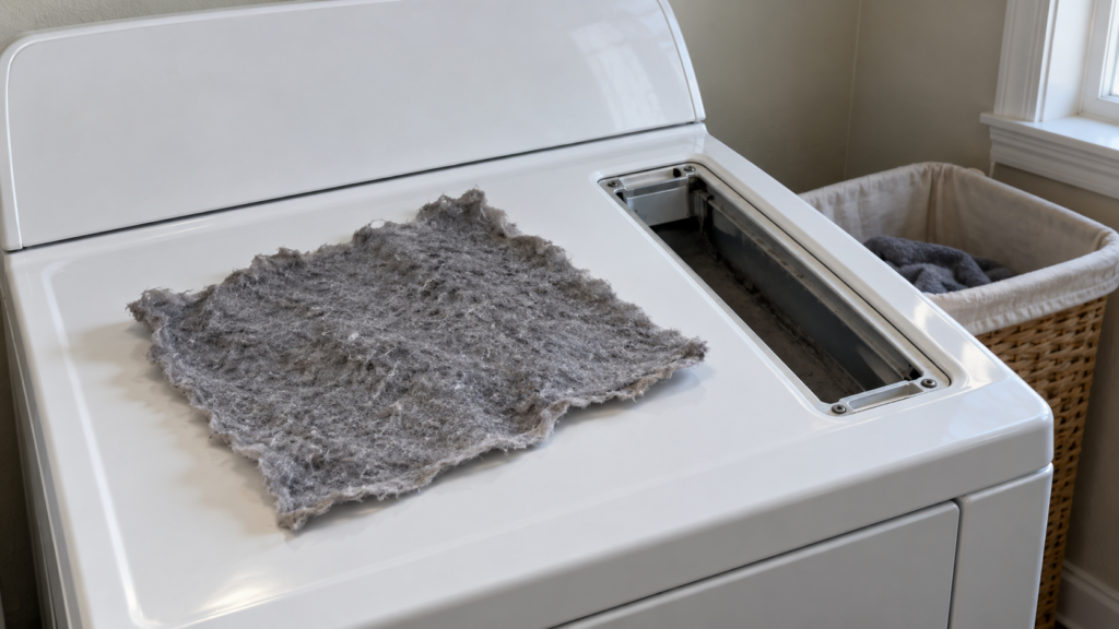 A single gray sheet of lint peeled whole from a dryer filter and resting on the closed lid of a dryer, the empty filter slot open beside it, laundry room in an American home.