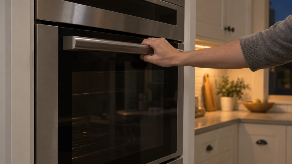 A built-in wall oven in a cabinet column with its door closed and a bare hand resting flat on the horizontal handle as if the door will not open, the glass dark and blank, soft evening light, an American kitchen.