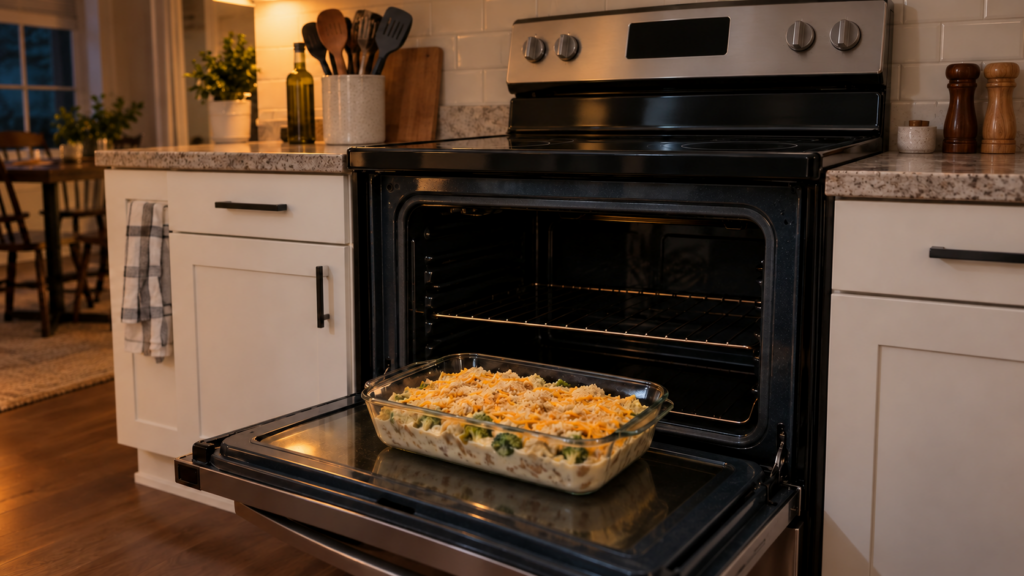An unbaked casserole in a glass dish sitting on the open door of a freestanding electric range, the oven cavity dark and the control display blank, an American kitchen in the evening.