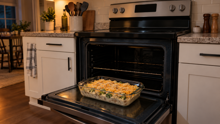 An unbaked casserole in a glass dish sitting on the open door of a freestanding electric range, the oven cavity dark and the control display blank, an American kitchen in the evening.