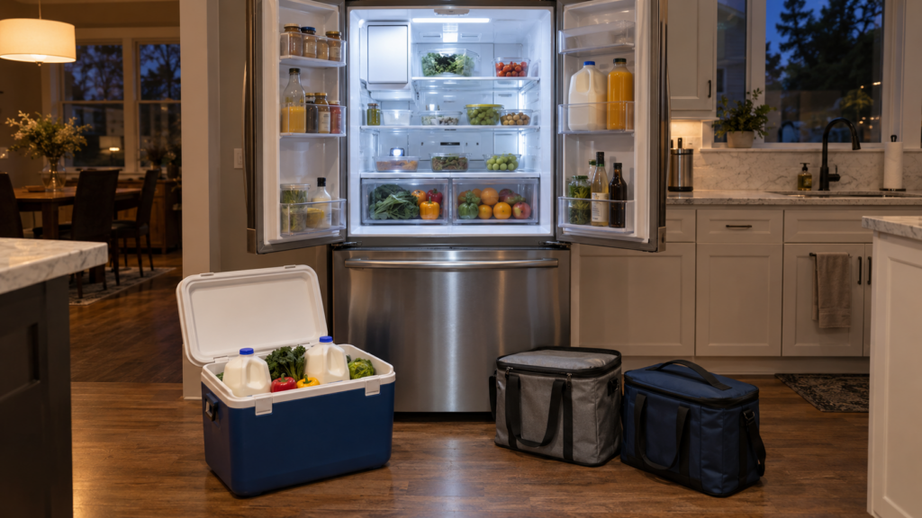 An open French door refrigerator in an American kitchen with an insulated cooler of milk cartons and produce and two cooler bags on the floor in front of it, evening light, no hands in frame.