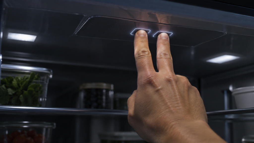 Two fingertips pressing two adjacent buttons at once on a dim refrigerator control panel.