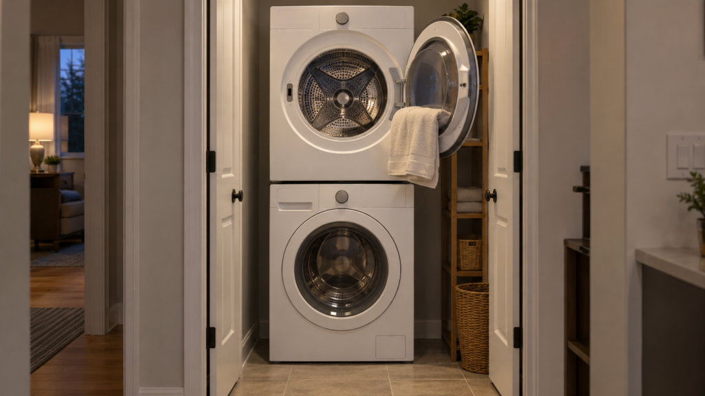 A front-load washer with a matching dryer stacked on top of it in a small laundry closet seen from the front, the dryer door open with a folded towel over it, a level tile floor, evening light, an American home.
