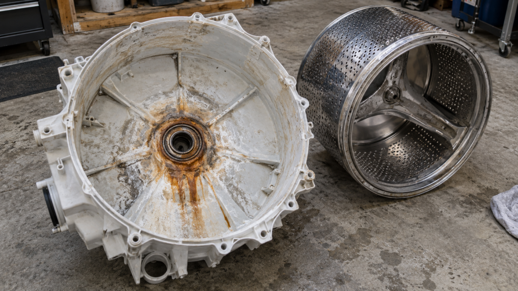 The rear half of a washer's outer tub lying on a workshop floor with rust streaks around the bearing seat.