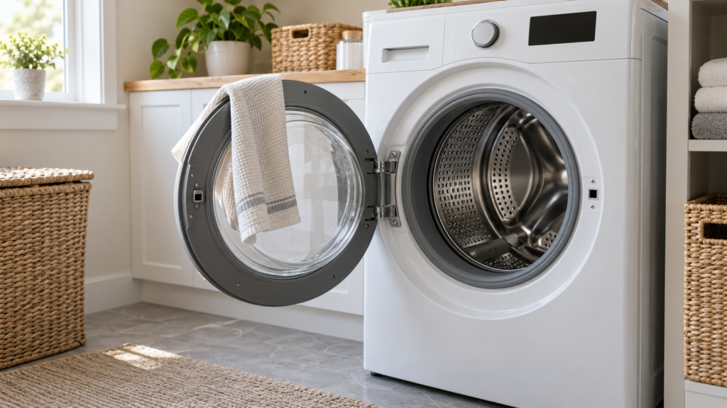 A front-load washer with its door standing open at ninety degrees, a dry cloth hanging over the door glass and the drum empty and dry, a laundry room, morning light, an American home.