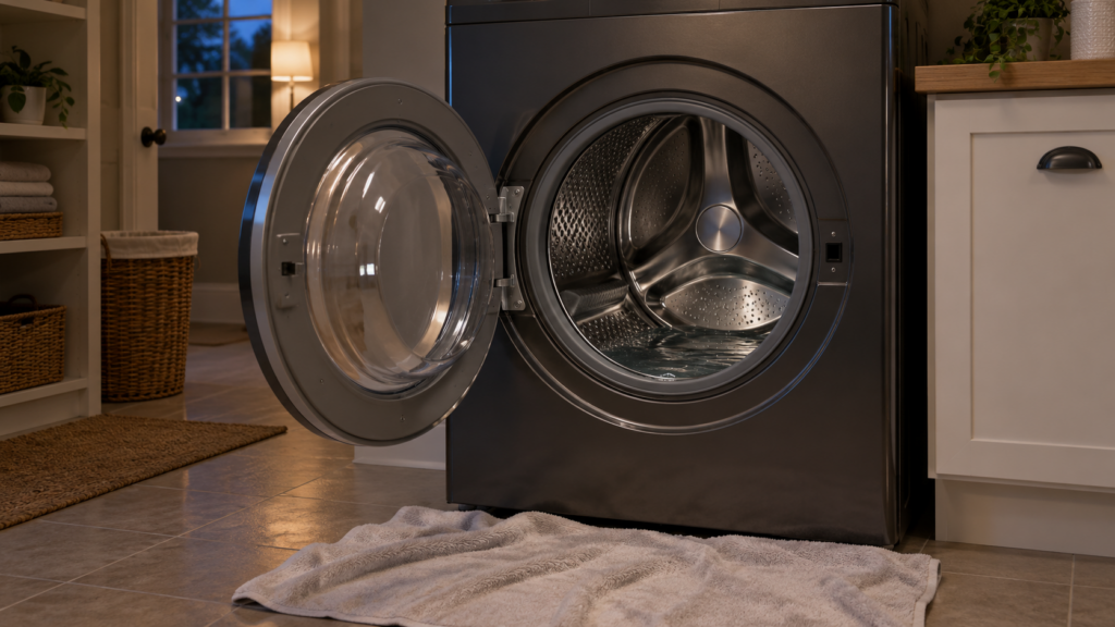 A front-load washer with its door open and a small pool of water in the bottom of the empty drum, a towel on the floor in front, a laundry room at evening, an American home.