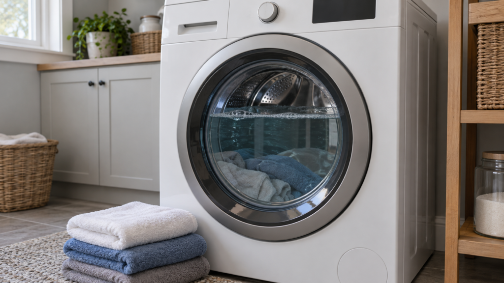 A front-load washer seen through its door glass with water standing far above the usual level in the drum.