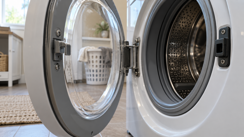 The open door of a front-load washer showing the lock latch on the frame and the striker hook on the door.